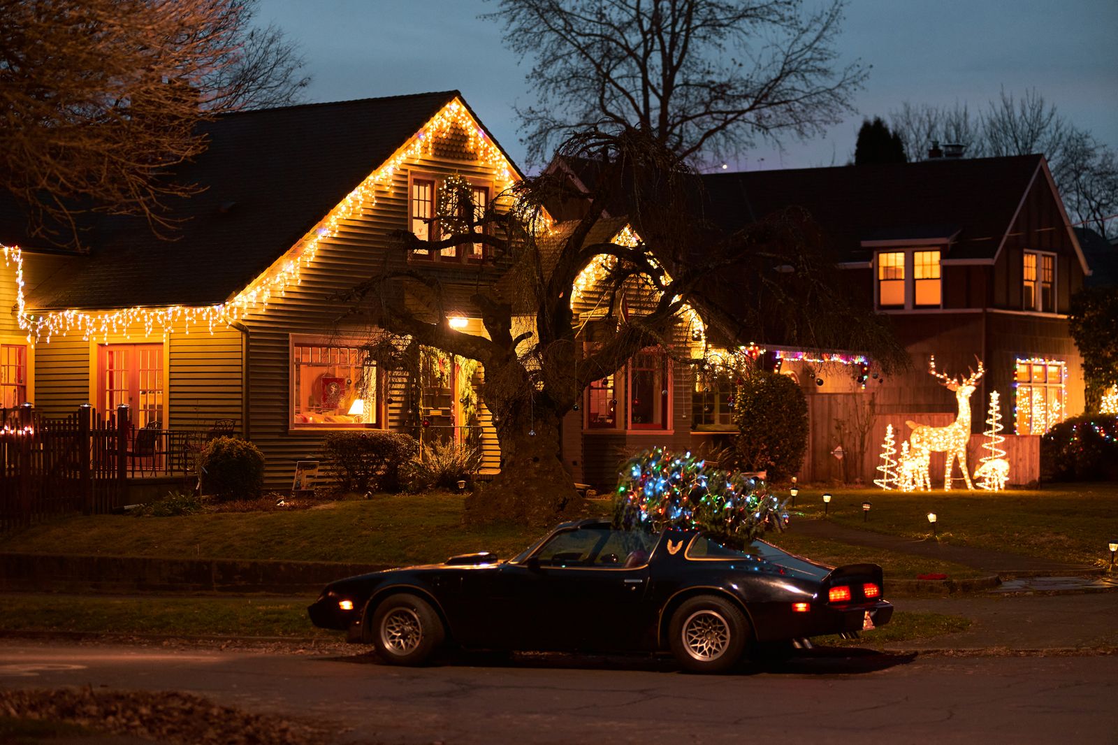Lit eaves at dusk